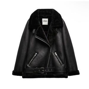 Zara Black Aviator Faux-Shearling Biker Jacket with Belt